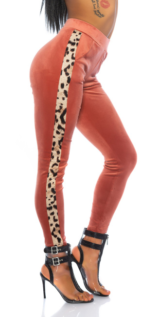 Trendy fleecy broek met luipaard contrast streep abrikoos-kleurig